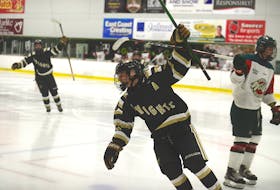 Charlottetown Bulk Carriers Knights right-winger Connor Keough celebrates his game-winning goal Saturday at MacLauchlan Arena in Game 1 of the P.E.I. major under-18 hockey final.