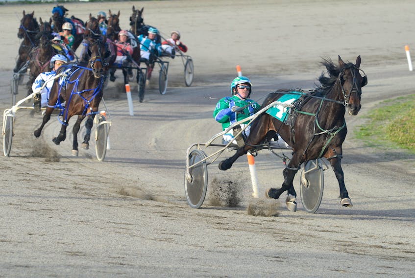 Lornevalleytrinity with Myles Heffernan in the bike leads the field during Race 4 Thursday at Red Shores at the Charlottetown Driving Park.