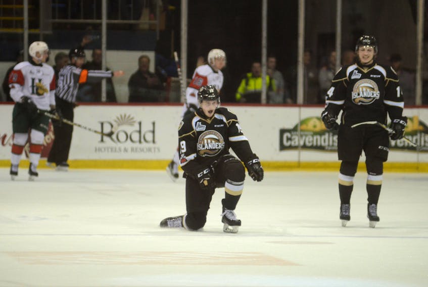 Charlottetown Islanders forward Cam Askew celebrates his goal late in the second period of Tuesday's Game 3 with the Halifax Mooseheads at the Eastlnk Centre.