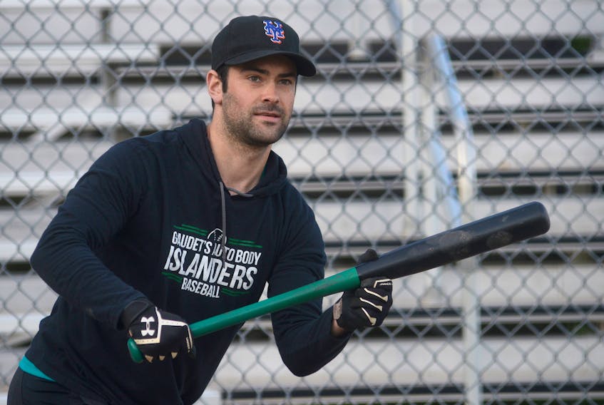 Jesse MacIntyre prepares to lay down a bunt at Charlottetown Gaudet’s Auto Body Islanders batting practice during the 2017 season. The franchise will not field a team this season as it could not find enough players to commit.