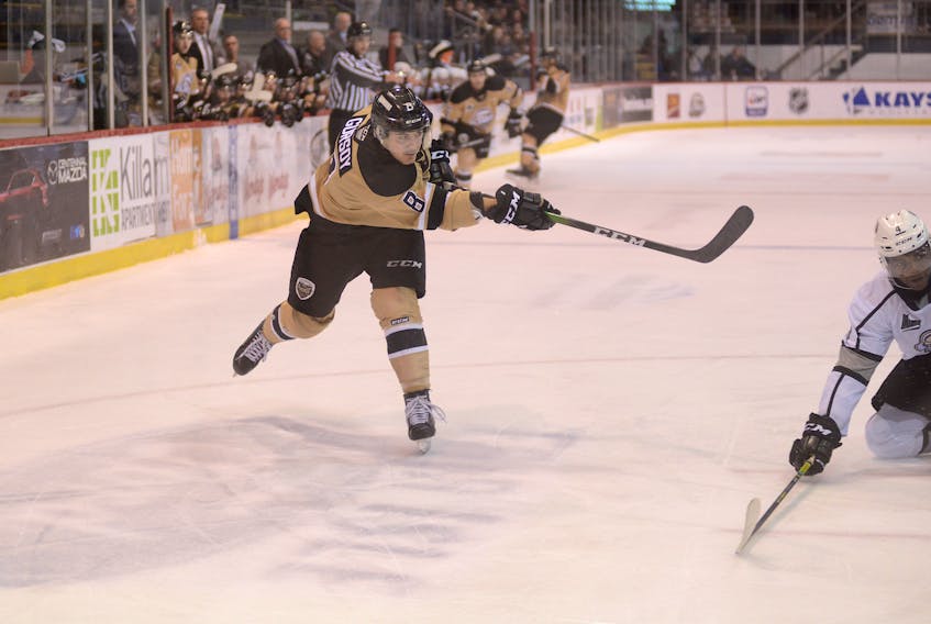 Charlottetown Islanders right-winger Kevin Gursoy takes a shot Monday during Quebec Major Junior Hockey League action against the Gatineau Olympiques at the Eastlink Centre.
