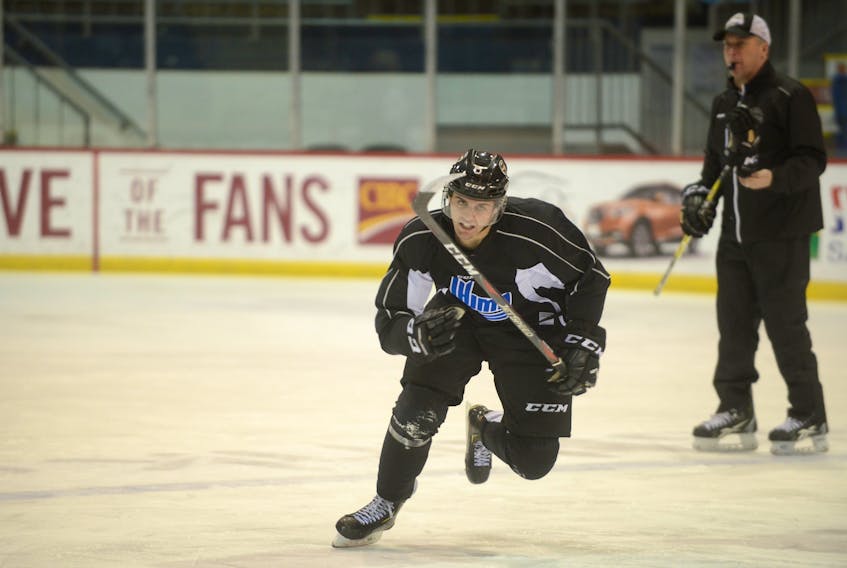 Charlottetown Islanders defenceman Noah Laaouan skates up ice during Tuesday's practice at Eastlink Centre.