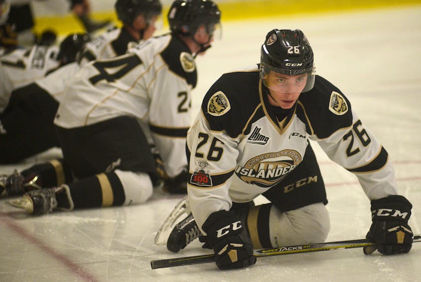 Nathaniel Doyon stretches before an intra-squad game earlier this training camp with the Charlottetown Islanders.
