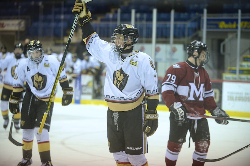 Charlottetown Bulk Carriers Knights forward Jude Campbell celebrates his second goal of the night Saturday in exhibition hockey action against the Mount Academy Saints at the Eastlink Centre. - Jason Malloy