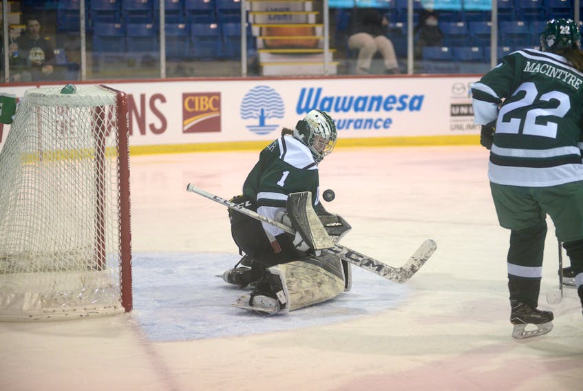 UPEI Panthers goalie Camille Scherger makes a save Saturday against the Mount Allison Mounties during Atlantic University Sport women's hockey action at the Eastlink Centre.