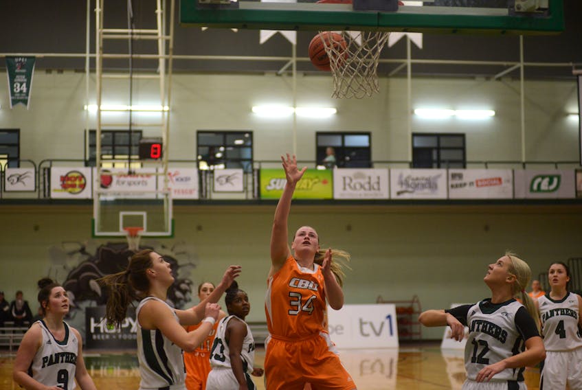 Cape Breton Capers centre Hannah Brown takes a shot Saturday during Atlantic University Sport women's hoops action against the UPEI Panthers in Charlottetown.