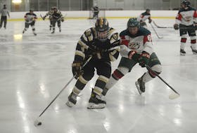 Charlottetown Bulk Carriers Knights forward Jude Campbell, left, tries to drive around Kensington Monaghan Farms Wild defenceman Kieran Rennie during Friday’s Game 3 of the P.E.I. major under-18 hockey championship at MacLauchlan Arena in Charlottetown.