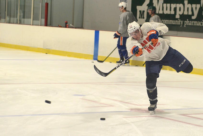 Former Notre Dame Hounds defenceman Ryan MacKinnon takes a shot during a skate with other pros, university and major junior players in August at the Pownal Sports Centre.