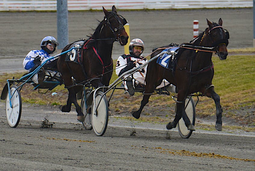 Outrageous Spirit with Adam Merner doing the driving tries to catch You Aint Dolly with Mark Bradley at the controls during Race 3 Saturday at Red Shores at the Charlottetown Driving Park.