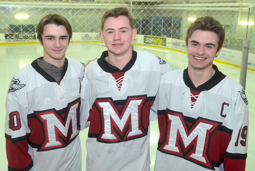 A trio of Mount Academy Saints will play in the East Coast Elite League all-star game on Friday in Boston. From left are Kayden MacLeod, Carter Champion and Riley MacDougall.