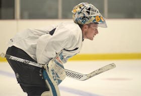 Goalie Antoine Bibeau played for the San Jose Barracuda during the 2018-19 hockey season. He was skating with other Island pros getting ready for camp Thursday at the Pownal Sports Centre.