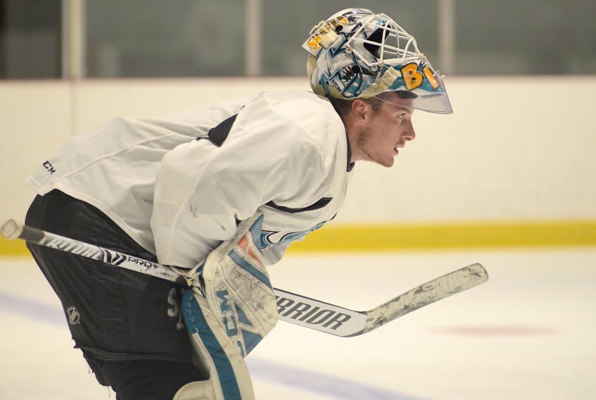 Goalie Antoine Bibeau played for the San Jose Barracuda during the 2018-19 hockey season. He was skating with other Island pros getting ready for camp Thursday at the Pownal Sports Centre.
