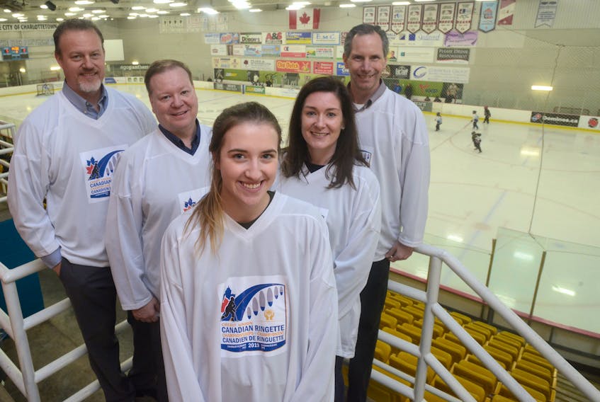 The Credit Union Canadian Ringette Championships are coming to Prince Edward Island in April. From left are Steve Sentner, a commercial account manager with Credit Union; Michael James, tournament co-chairman; Brittney MacCormac, a Charlottetown native who has played in the event; Breanne MacInnis, Ringette P.E.I. president; and Francois Caron, tournament co-chairman.