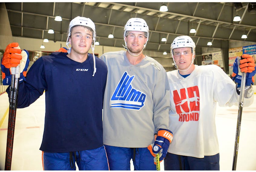 Three Prince Edward Island natives are part of the New York Islanders organization. From left are Noah Dobson, Ross Johnston and Ryan MacKinnon. They skated this summer at the Pownal Sports Centre to prepare for the NHL team’s training camp.