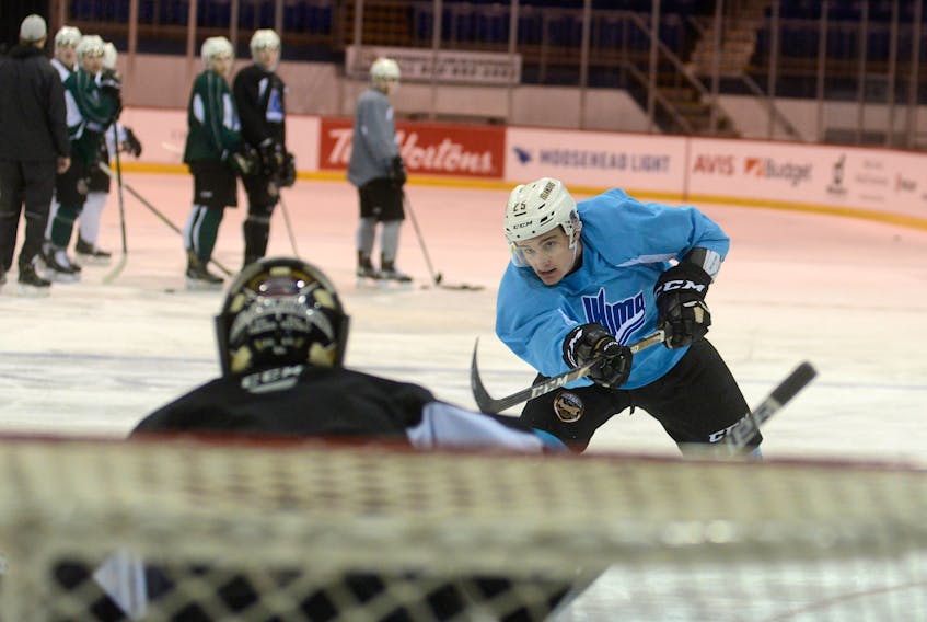 Charlottetown Islanders right-winger Cole Edwards fires a shot on goalie Jacob Goobie during Tuesday’s practice at the Eastlink Centre.