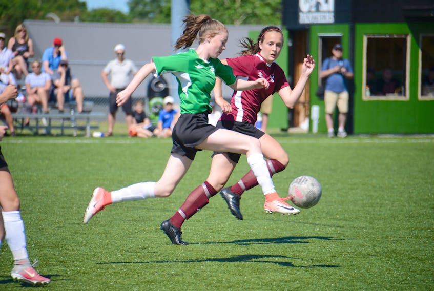 Prince Edward Island’s Alice Dorsey plays a ball Sunday in the bronze-medal game against Newfoundland and Labrador at the Atlantic under-14 soccer championships at UPEI.