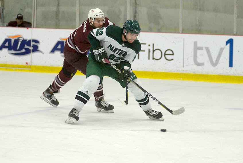 UPEI Panthers forward Jesse Sutton fights off the hook from Saint Mary's Huskies defenceman Dylan Di Perna Friday during Atlantic University Sport hockey action at MacLauchlan Arena.