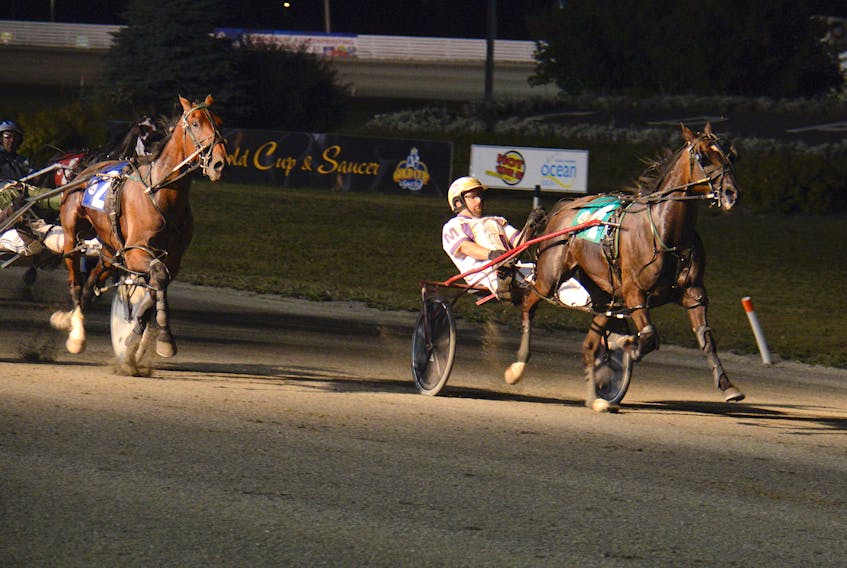 Rose Run Quest, with Brodie MacPhee in the bike, won the feature Saturday at Red Shores at the Charlottetown Driving Park.