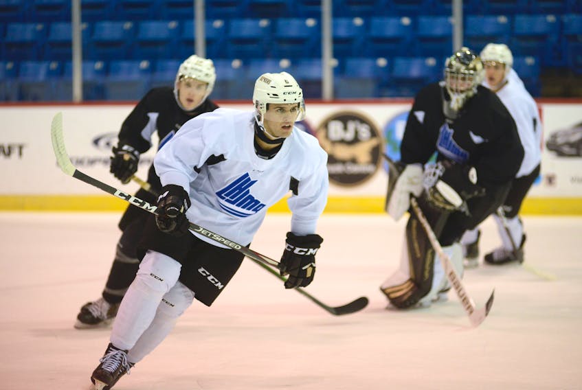 Noah Laaouan and his Charlottetown Islanders teammates practise Tuesday at the Eastlink Centre.