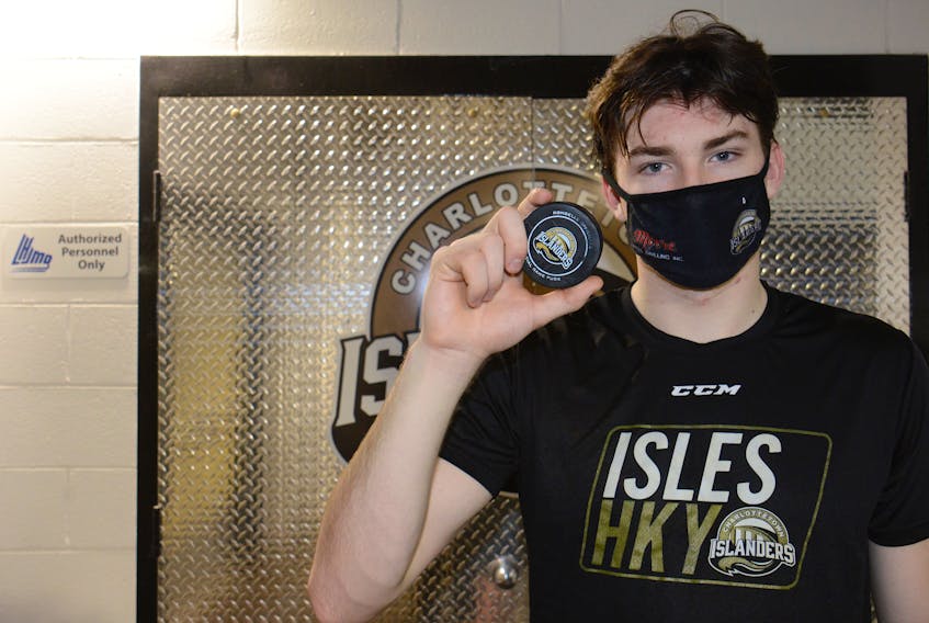 Charlottetown Islanders' defenceman Ryan Maynard with the puck from his first career goal in the Quebec Major Junior Hockey League Friday after the home opener at the Eastlink Centre.