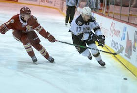 Charlottetown Islanders left-winger Liam Peyton, right, tries to get past Acadie-Bathurst Titan defenceman Cole Larkin, a Mermaid native, Wednesday during Quebec Major Junior Hockey League action at the Eastlink Centre.