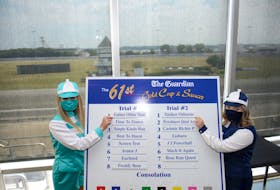 Ambassadors Whitney Smith, left, and Karley Affleck helped with Tuesday’s draw for The Guardian Gold Cup and Saucer. The 15-horse field is divided into two trials, which will take place Saturday and Monday at Red Shores at the Charlottetown Driving Park.