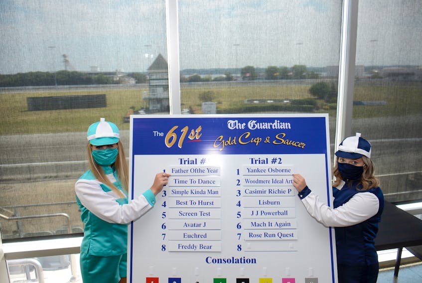 Ambassadors Whitney Smith, left, and Karley Affleck helped with Tuesday’s draw for The Guardian Gold Cup and Saucer. The 15-horse field is divided into two trials, which will take place Saturday and Monday at Red Shores at the Charlottetown Driving Park.