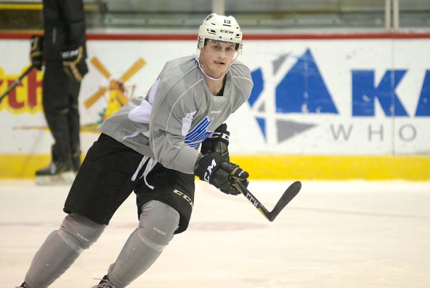 Cam Askew had his first practice with his new team, the Charlottetown Islanders, on Wednesday after being acquired in a trade with Shawinigan.