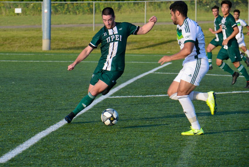 The UPEI Panthers practice in August for the upcoming Atlantic University Sport men's soccer season.