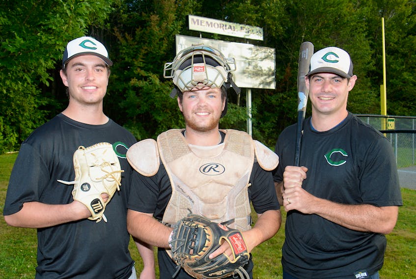 Four Islanders will be playing for New Brunswick teams at the Bigs Seeds Canadian senior men’s baseball championship beginning today in Miramichi, N.B. From left are John Patrick (J.P.) Stevenson, Logan Gallant and Dillon Doucette.