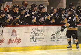 Cédric Desruisseaux celebrates his second goal of the game Saturday at the Eastlink Centre with his Charlottetown Islanders' teammates.