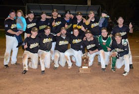 The Alley Stratford Athletics are the Kings County Baseball League champs. They won the title Sunday in Morell. Team members, front row, from left, are Adam Smith, Jonathan Arsenault, Jacob Smith, Ryne MacIsaac, Shawn MacDougall, Grant Grady and Allister Smith. Second row, Dan O’Shea with Paisley, Corey Dougay, Matt Lange, Dominique Ryan, Parker Ronahan, Brady Arsenault, Randy Taylor with Eli and coach Eddie Taylor.