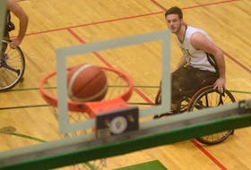 Westley Johnston of the P.E.I. Mustangs watches as one of his outside shots drops during the gold medal game at the Canadian Wheelchair Basketball League national championship Sunday at UPEI.