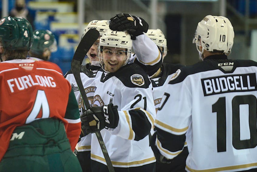 Cédric Desruisseaux, centre, celebrates his second period goal with linemates Thomas Casey, left, and Brett Budgell Wednesday during a Quebec Major Junior Hockey League contest with the Halifax Mooseheads.