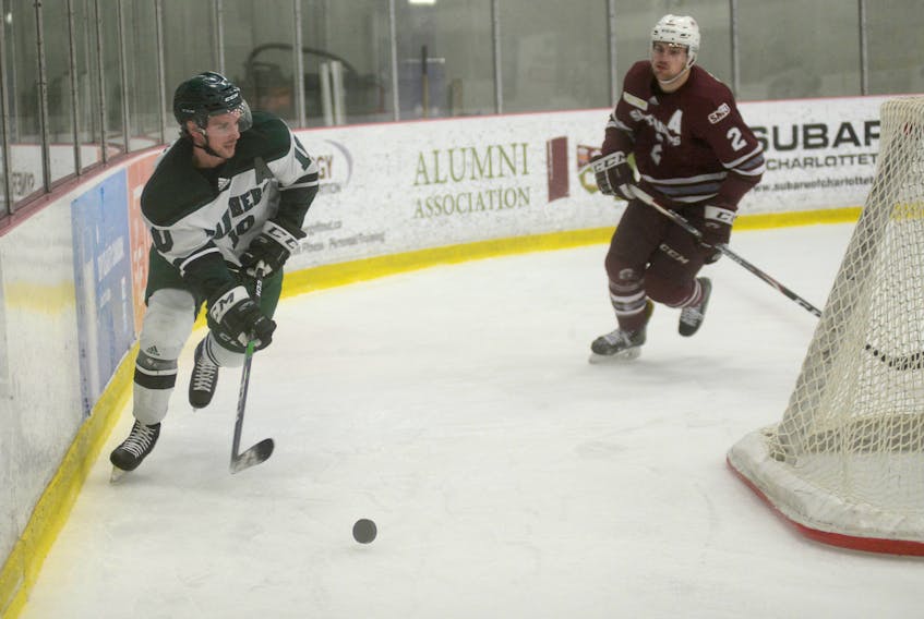 UPEI Panthers forward Kameron Kielly looks for an open teammate during Game 2 of their Atlantic University Sport playoff series with the Saint Mary's Huskies at MacLauchlan Area.