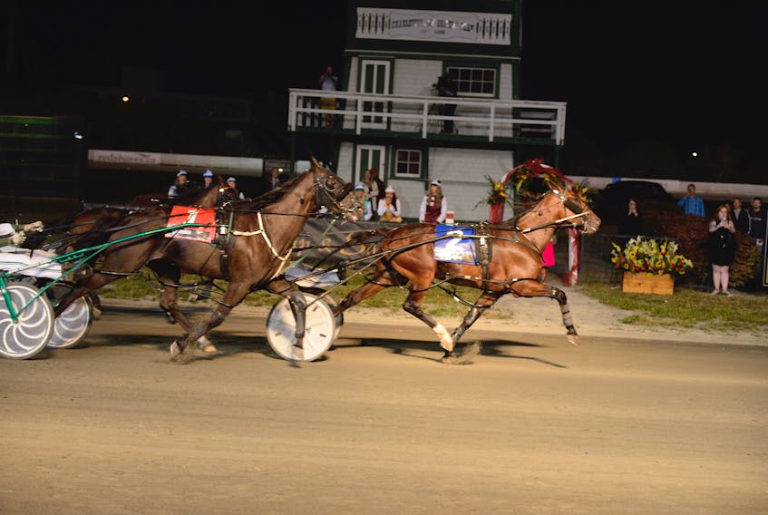 Time To Dance was the first to cross the finish line early in The Guardian Gold Cup and Saucer Sunday morning at Red Shores at the Charlottetown Driving Park.