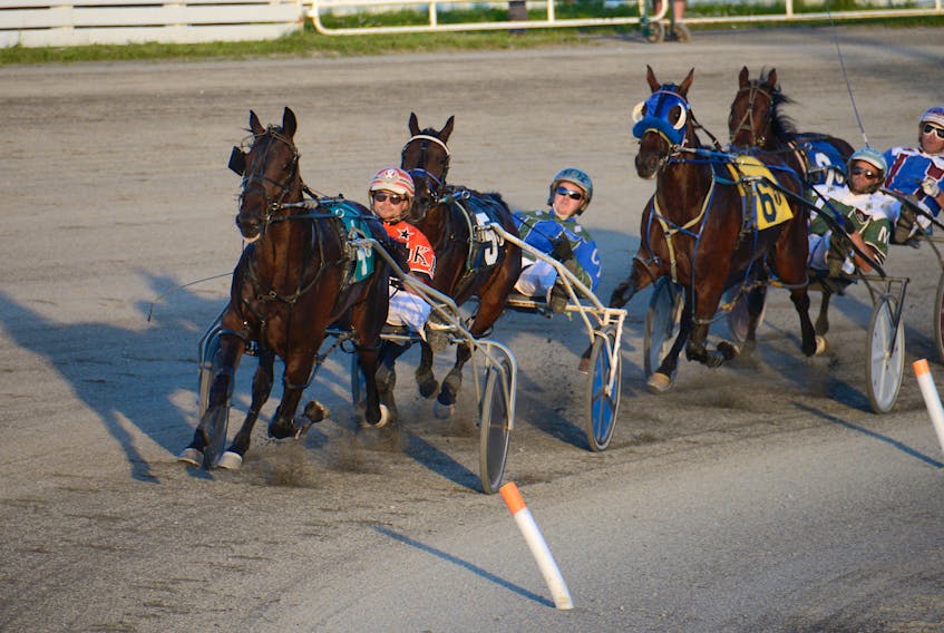 Evening Maelstrom, with Ken Murphy in the bike, leads the field around the turn after coming down the backstretch Thursday in Race 7 at Red Shores at the Charlottetown Driving Park.