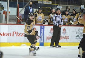 Charlottetown Islanders winger Cedric Desruisseaux celebrates his 26th goal of the season Friday against the Halifax Mooseheads at the Eastlink Centre.