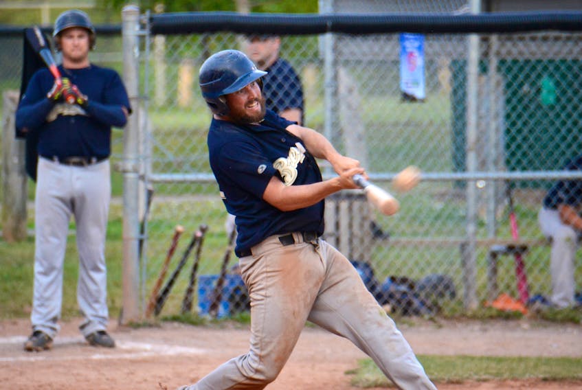 Nick Ryan hits a sixth-inning double for the Northside Gill Construction Brewers Wednesday during Kings County Baseball League action at Memorial Field.