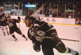 Charlottetown Islanders right-winger Kevin Gursoy celebrates his goal Saturday during Game 2 of their first-round playoff series with the Cape Breton Screaming Eagles.