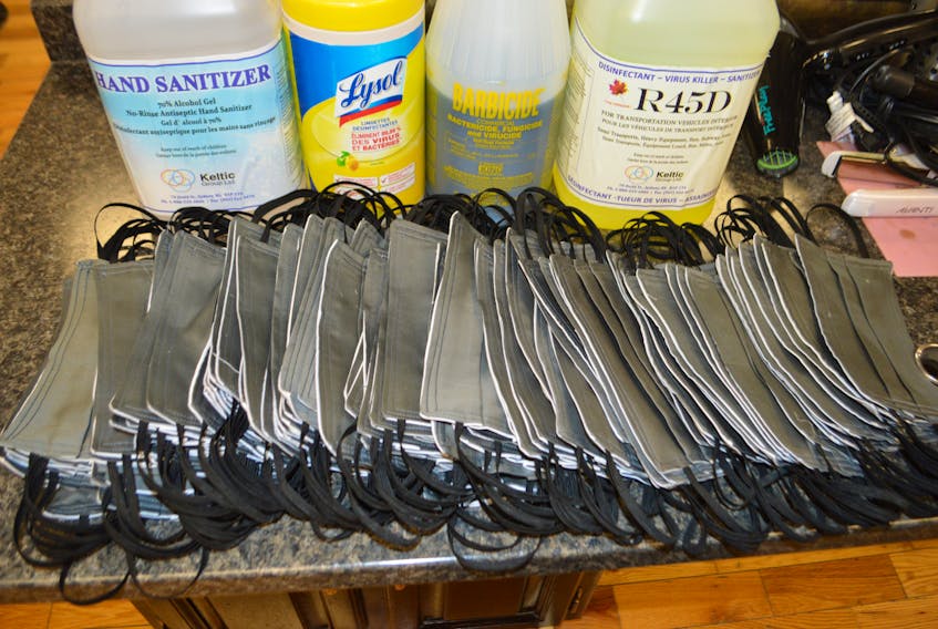 Some of the 100 reusable/washable face masks Vallie’s Hair Shop in Glace Bay and Dominion have had made by Yvonne Kennedy in preparation for Friday's reopening. Sharon Montgomery-Dupe/Cape Breton Post