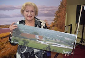 Colchester County Mayor Christine Blair showing one of the possible concepts for the pedestrian- and bike-friendly bridge at the Fundy Discovery Site earlier this year. FRAM DINSHAW/TRURO NEWS