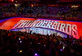 A Halifax Thunderbirds logo is projected onto the Scotiabank Centre floor during a pregame ceremony prior to the Thunderbirds game against the New York Riptide on Saturday night.
Ryan Taplin - The Chronicle Herald