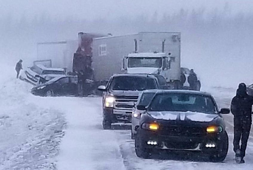 This image posted on Twitter shows the situation at a multiple-vehicle accident on the Trans-Canada Highway near Birchy Narrows Monday morning - Photo courtesy Joan Knight/Twitter