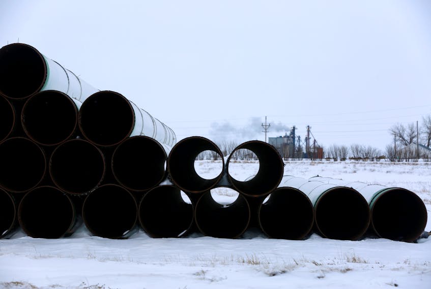 Pipes for the planned Keystone XL oil pipeline are stored in Gascoyne, N.D. REUTERS/Terray Sylvester/File Photo
