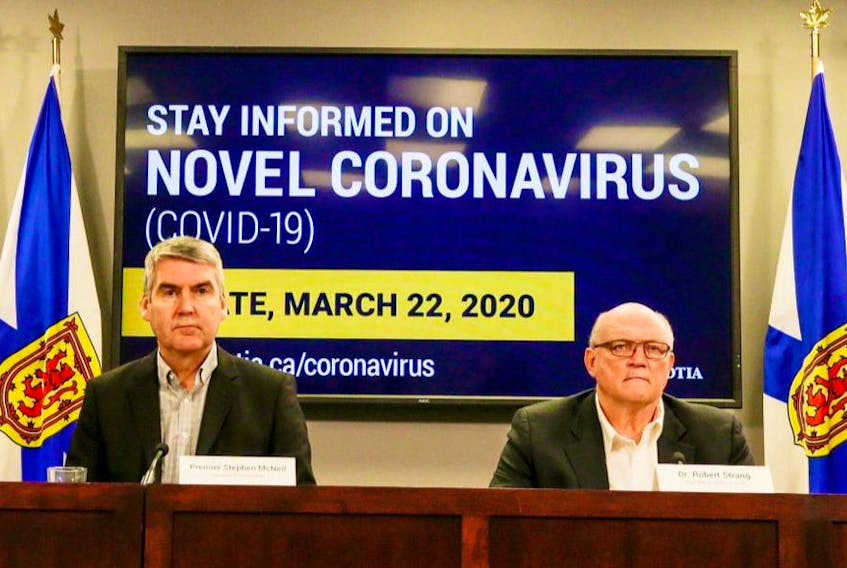 Dr. Robert Strang, right, Nova Scotia's chief medical officer of health, with Nova Scotia Premier Stephen McNeil during a recent updated on the COVID-19 impact in Nova Scotia. CONTRIBUTED