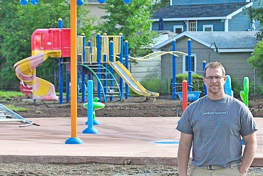 Krysta Carroll photo/Special to the Advertiser<br />Grand Falls-Windsor Deputy Mayor Barry Manuel, chair of the parks, recreation and special events committee, is hopeful the new splash pad and playground on Sutherland Drive will be ready for operation this week.