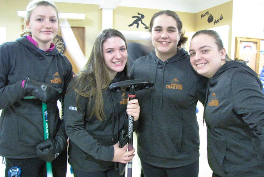 [From left] Maggie Hadskis, Marah Mitton, Sophey Morris and Kylie DeViller. Hadskis, Mitton and DeViller won the U15 women’s provincial consolations in a bonspiel at the Liverpool Curling Club the weekend of Feb. 9-11.