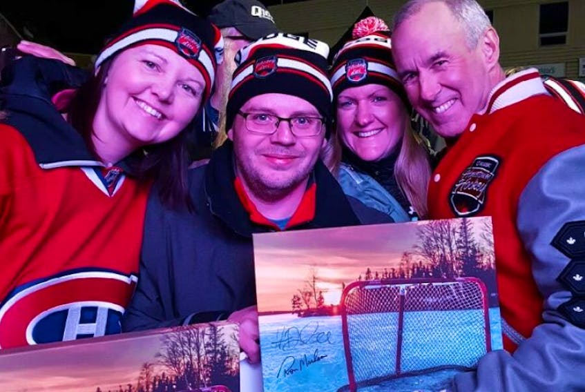 Local photographer Chad Mitchell got to meet Ron MacLean when he was in town on Sunday for Rogers Hometown Hockey. In fact, MacLean signed some of his prints which will now be used to support local charity. Pictured are, left to right, Kelly Cribb-Mitchell, Chad Mitchell, Dana Pittman and Ron MacLean. 