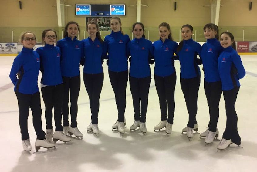 Ten Grand Falls-Windsor Sparkling Blades figure skaters are leaving Thursday to compete at the World’s Finest Chocolate Atlantic Skating Championship in Nova Scotia after placing in the top six in their respective events at the provincial championship in February. Picture, from left, are Erin Billard (Star 5 U13), Hailey Budgell (Pre Juvenile U11), Hannah Sheehan (Pre Novice), Lauren Rowe (Pre Novice), Chelsea Kirby (Star 5 13+), Deidre Skinner (Star 9 and 10), Caley Bishop (Star 5 13+), Alyssa Manuel (Star 5 U13), Emily Hayden (Pre Juvenile U13), and Megan Walsh (Pre Juvenile U13).